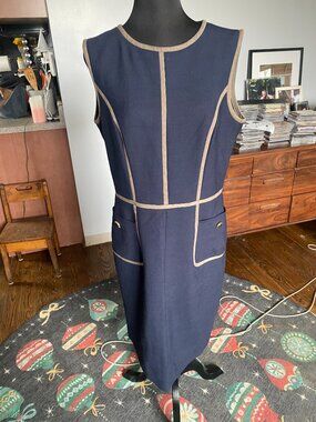 Tory Burch Wool Sleeveless Sheath Dress Size 12 Blue Tan Capsule Office